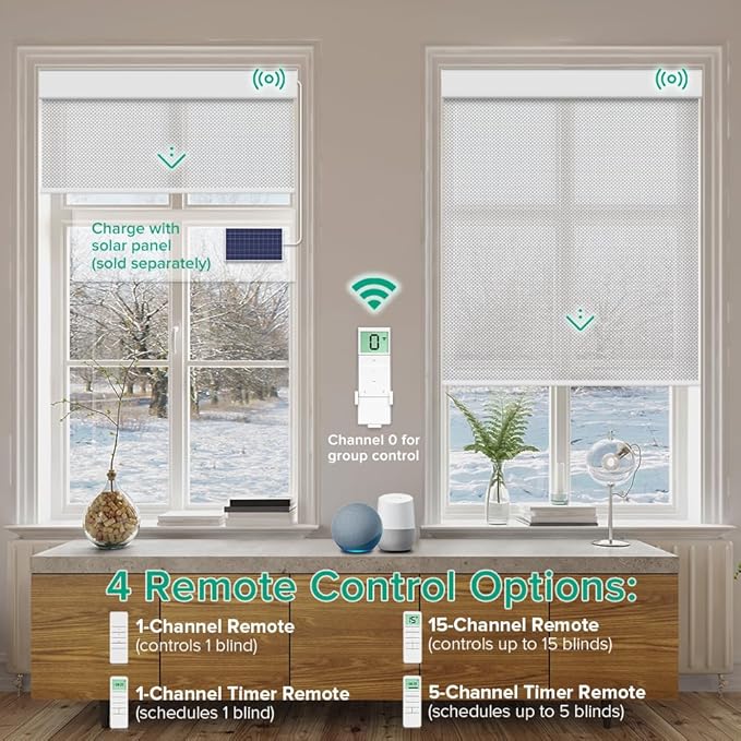 Kilonity Motorized Roller Shades, Light Filtering Remote Control Custom Window Shades Compatible with Alexa Google Assistant via RF Hub, Rechargeable Electric Blinds for Windows (Fireproof Silver)