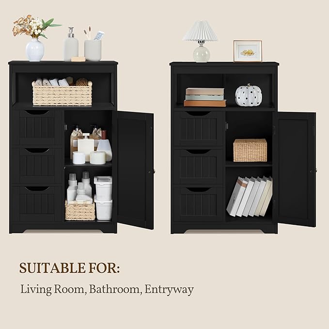 Yaheetech Bathroom Floor Cabinet, Free Standing Wooden Storage Cabinet Multiple Tiers Storage Organizer for Bathroom/Living Room/Entryway, Black