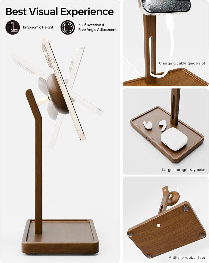YEOUX Premium Magnetic Phone Holder for Desk | Solid Walnut Wood | 360° Free Adjustable | MagSafe Compatible for iPhone 17 16 15 14 Stylish Desk Accessory