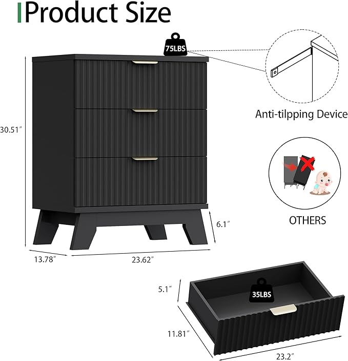 Fluted Nightstand, 24" Wide Side Table with 3 Large Storage Drawers, Mid Century Modern Wood Night Stand with Metal Handle, Wooden Bedside End Table for Bedroom, Living Room, Closet, Black