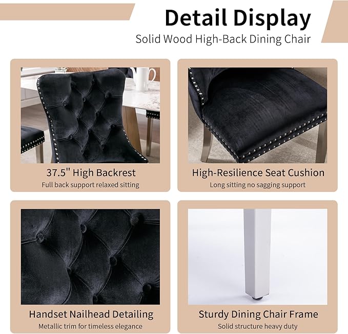 Luxury Upholstered Dining Chairs Set of 4, Black Kitchen Chair with Silver Metal Legs, Velvet Tufted Back Dining Chair, Sillas de Comedor, Modern Kitchen & Dining Room Chairs (Black, 4 Pcs)