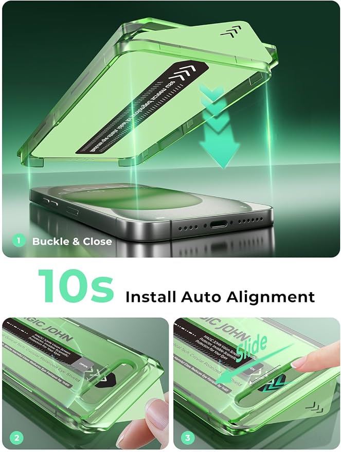 MAGIC JOHN 2 Pack for iPhone 15 Pro Screen Protector Eye Protection | HD Clear Auto Dust-Elimination 9H Tempered Glass &amp Scratch Resistance Full Edge Coverage