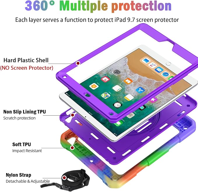 BMOUO Case for iPad 6th/5th Generation Case (9.7 inch 2018/2017) 360°Rotating Stand Hand/Shoulder Strap Shockproof iPad 9.7” Case for iPad Air 2 Black