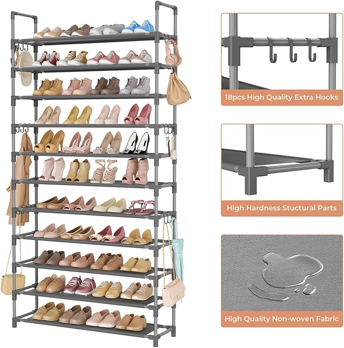 LANTEFUL 11 Tiers Tall Shoe Rack Holds 55 Pairs of Shoes with 18pcs Hooks Sturdy Wide Shoe Organizer Storage Free Standing Metal Shoe Shelf for Closet, Entryway Grey