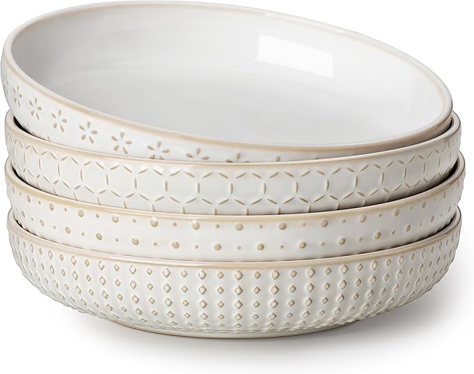 MALACASA Pasta Bowls 48 Oz, 9.5 Inch Large Salad Bowls, Modern Relief Design Ceramic Serving Bowls, Wide and Shallow Plates Pasta Plates, Microwave & Dishwasher Safe, Set of 4, Series LYDIA
