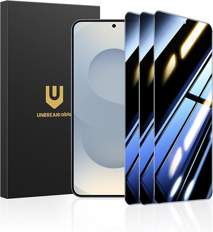 UNBREAKcable Privacy Screen Protector for Samsung Galaxy S25 Plus 3 Pack | 28° Anti-Spy Tempered Glass with 9H Hardness and Easy Installation Frame. Full 6.7-inch Screen Coverage