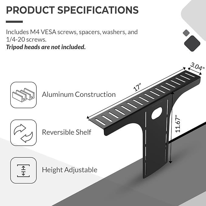 HumanCentric DSLR Monitor Mount Large, Desk Camera Mounting, Light Webcam, Microphone Shelf for Monitor VESA Arm, Replace Clamp Tripods, 100x100mm Patterns, Aluminum, Hardware Included
