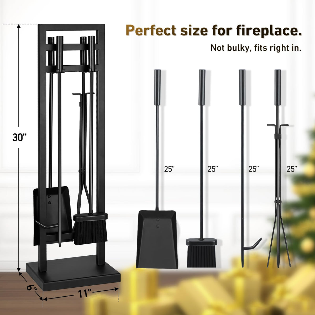 FEED GARDEN 5-Piece Fireplace Tool Set, 30" One-Piece Stand, Wrought Iron