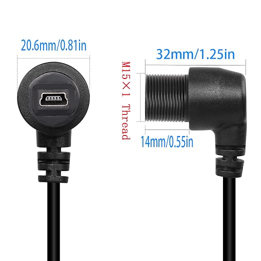 QIANRENON 90 Degree Angle Mini USB Panel Flush Waterproof Extension Cable Mini USB 5 Pin Right Angle Male to Female Panel Mount Cable Threaded to Dashboard or Panel28cm/11in (Down Bend)