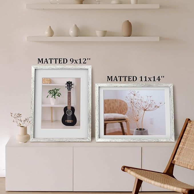 Egofine 12x16 Picture Frames Made of Solid Wood with Plexiglass, Display Pictures 9x12/11x14 with Mat or 12x16 Without Mat for Wall Mounting, Driftwood White
