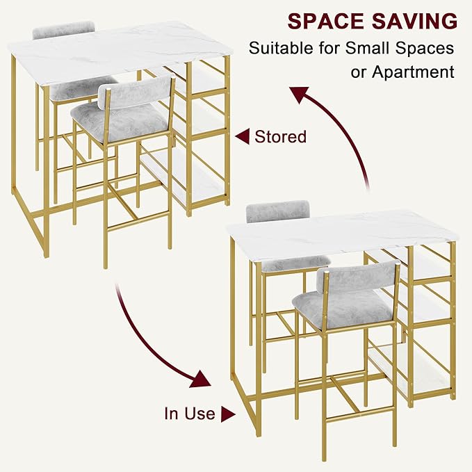 CABIHOME Dining Table Set for 2, Kitchen Table and Velvet Upholstered Chairs for 2, 3 Piece Counter Height Bar Table Set with 3 Large Storage Shelves for Small Space, Apartment, Gray and Gold White