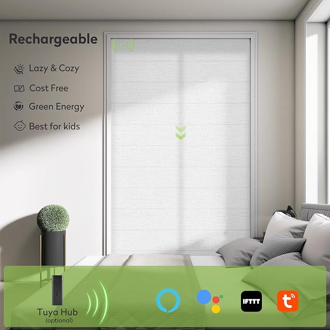 ZSTARR Smart Roman Shades Rechargeable Motorized Blinds with Remote Light Filtering Roman Window Shades Plain Fold Soft for Doors Bedroom, Custom Size (Sheer White)