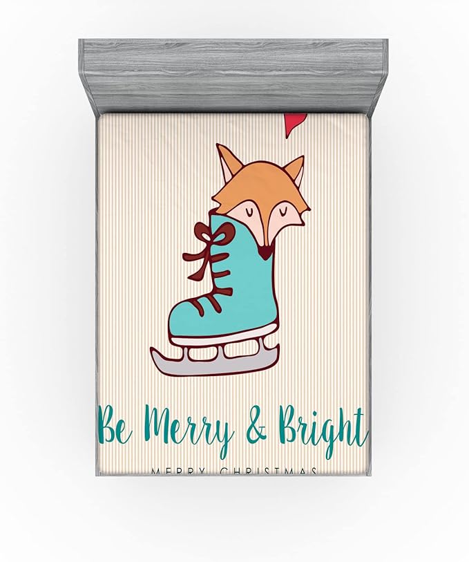 Ambesonne Christmas Fitted Sheet, Merry Calligraphy with Little Fox in Ice Skate Boot Heart on Stripes, Bed Cover with All-Round Elastic Deep Pocket for Comfort, Full Size, Beige Seafoam and Amber