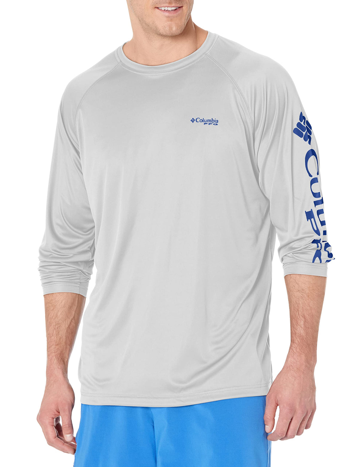 Columbia Men's PFG Terminal Tackle Long Sleeve Fishing Shirt, Cool Grey/Vivid Blue Logo, X-Large