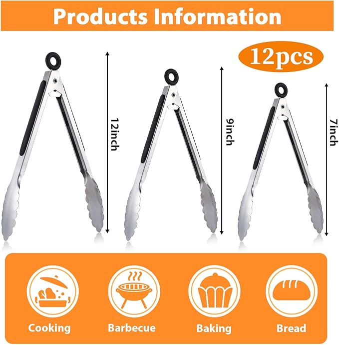 12 Pcs Serving Tongs for Cooking, Small Grill Tong