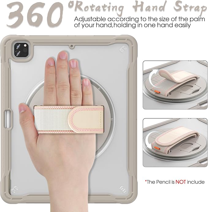BRAECNstock Full-Body Case for iPad Air 13/Pro 12.9(3-6th)Khaki | Drop-Proof Case with Pencil Holder &amp Screen Protector | 360° Stand for Hands-Free Travel Strap | DIY-Friendly Frosted Back
