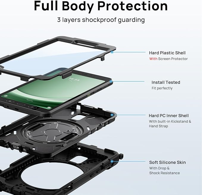 Gerutek Case for Samsung Galaxy Tab Active 5 2024/Active 3 2021 8 Black | Heavy Duty Shockproof Drop Protection Case with Screen Protector 360° Rotating Stand Handle/Shoulder Strap Pencil Holder