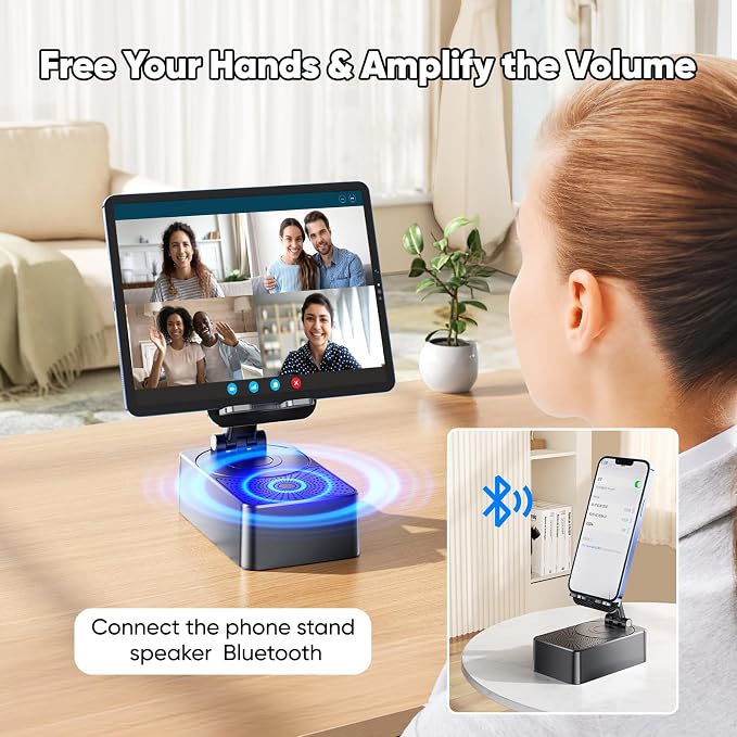 Phone Stand with Speaker with Bluetooth 5.3Phone Stand with Remote Control &amp Adjustable Height/AngleNon-Slip Silicone BasePortable for Home/Office/OutdoorGifts for Men Women Teens Parents