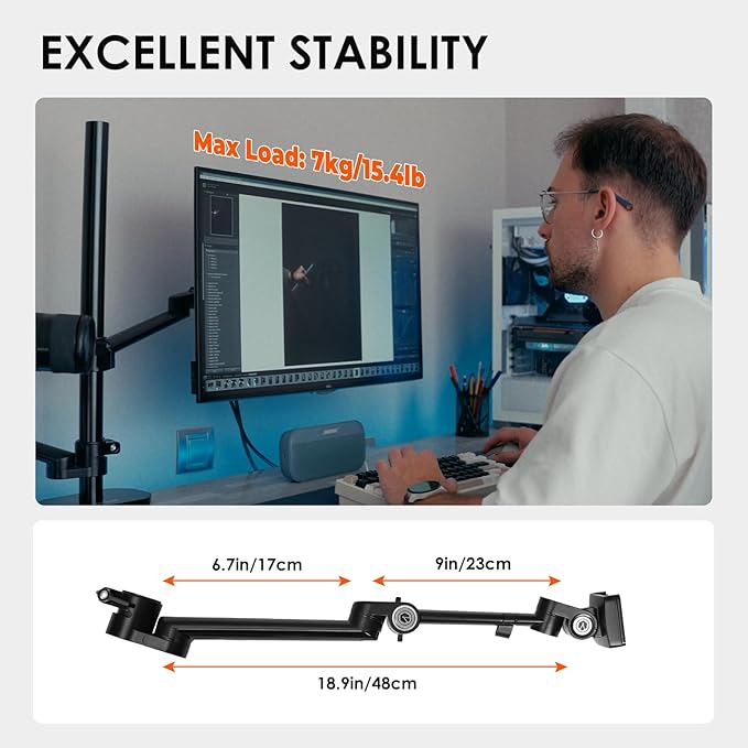 TARION Modular Desktop Arm Mount - 48cm / 19" Single Desk Stand with Tablet Holder & VESA Mount for Laptop Monitor 360° Adjustable - Compatible with 35mm Rod Lite Z Desktop - Titanrig Arm X