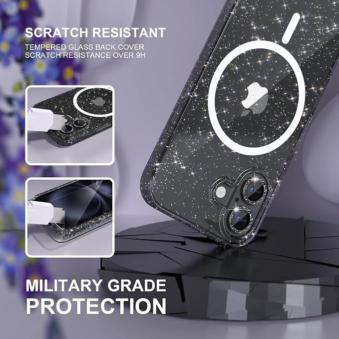 Choiche for iPhone 15 Pro Max Case Compatible with MagSafe Glitter Black | Women Girly Cute Glitter Sparkly Magnetic Phone Case with Diamond Camera Lens Protectors Military-Grade Drop Protection 6.7