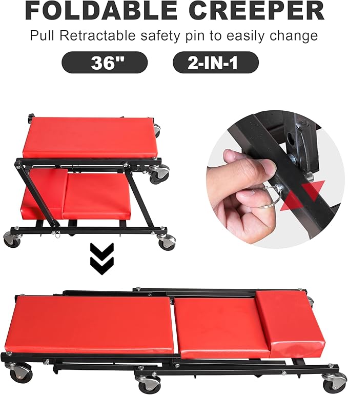 Big RED Z-Creeper Seat,36" Foldable Creeper,2-in-1 Garage Shop Creeper for Auto Repair,36" RED,300 Lbs Capacity,with 6 Pcs Wheels,ATR6505R,Torin