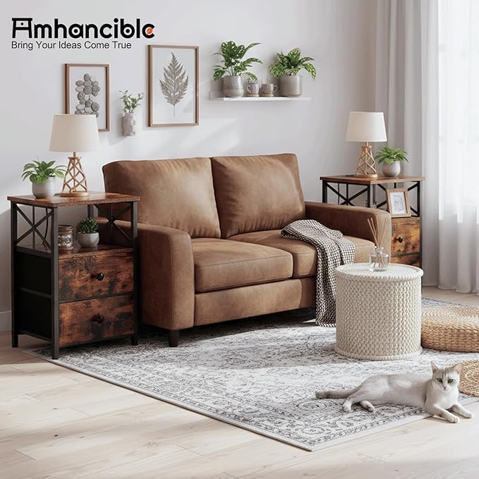 AMHANCIBLE End Table Living Room with Charging Station, Side Table with Fabric Drawer, Small Side Table with USB Ports and Outlets for Small Spaces Rustic Brown and Black HET05XBR1