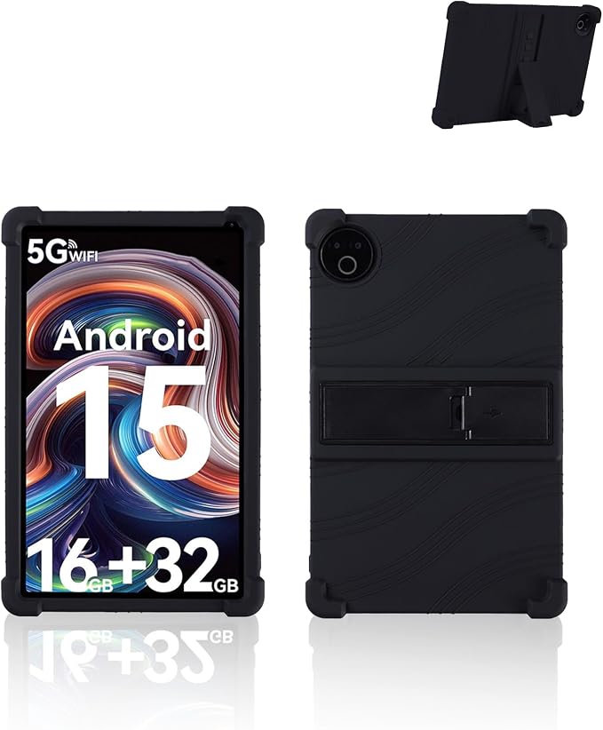 for Evermyth 10 Inch Android 15 OS GMS Certified Tablets CaseUYRUREL Soft Silicone Adjustable Stand Cover Lightweight Kids FriendlyBlack.