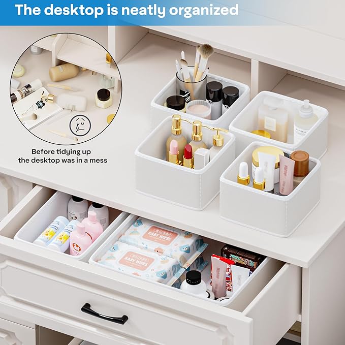 Vegan Leather Drawer Organizers,16 Pack Makeup Storage boxes,Vanity Drawer Luxury upgrade,Bedroom fabric Drawers replacement,bathroom organization and storage Optimal solution