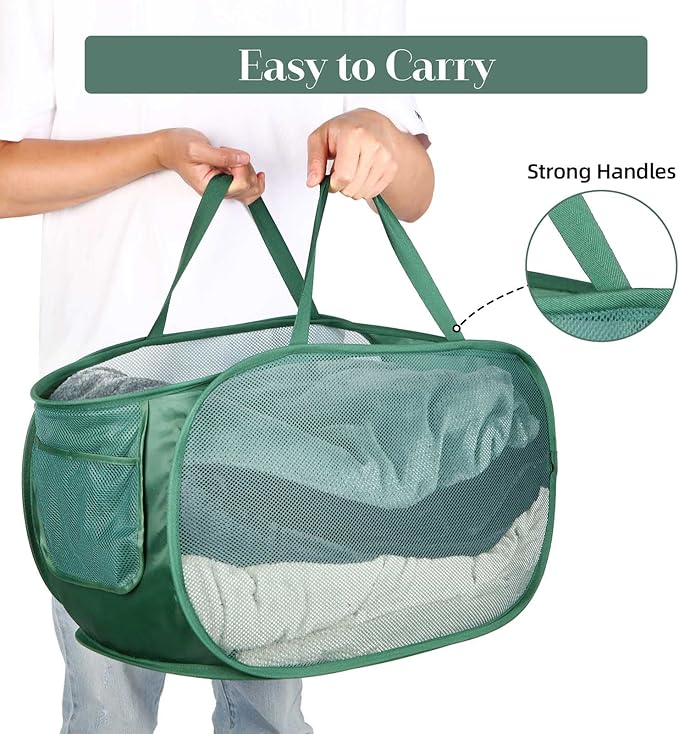 Sturdy Mesh Pop Up Laundry Hamper, Collapsible Laundry Baskets with Side Pocket, Foldable Clothes Hamper with Reinforced Carry Handles for Laundry, Bathroom, Kids Room, Dorm or Travel 2 Pack Emerald