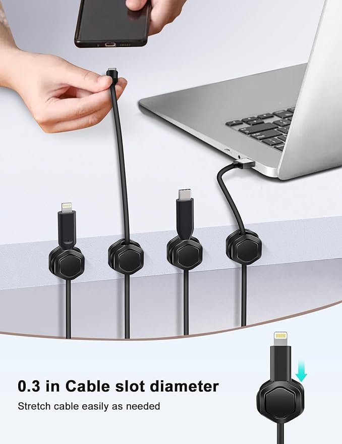 Cord Holder - Magnetic Cable Clips - Under Desk Cable Management - Adhesive Wire Holder Keeper Organizer for Desk, Nightstand, Phone Charger, Computer, Home, Office, Car (6pcs)
