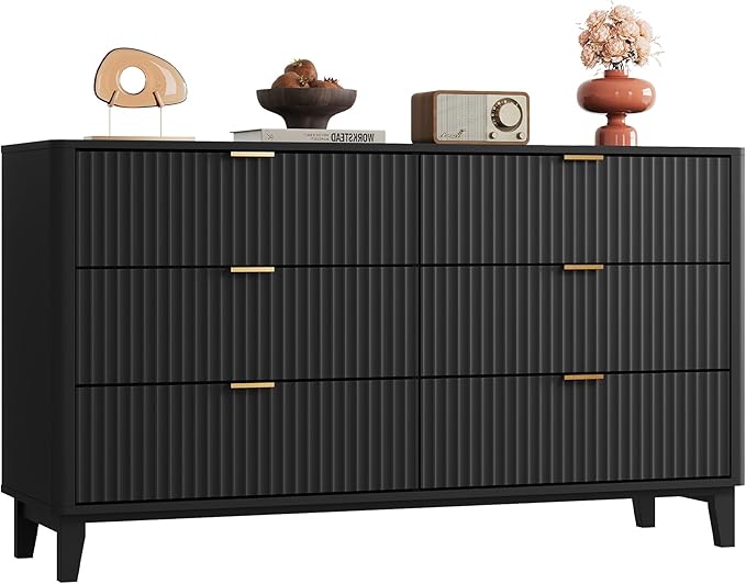 WLIVE Fluted Dresser for Bedroom with 6 Drawers, 54" Wide Wood Dresser with Golden Metal Handles, TV Stand for 65 inch TV, Mid Century Modern Chest of Drawers for Living Room, Hallway, Closet, Black