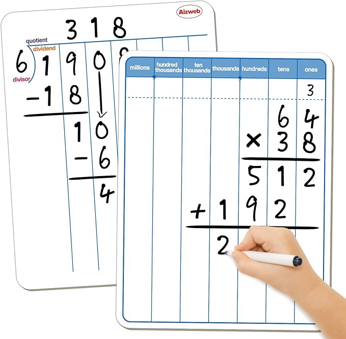 Dry Erase Long Division White Board,9 x 12 Multi-Digit Computation Double-Sided Dry Erase Board,Math Manipulatives Whiteboard for Students,Classroom and Home,Small White Board(Division)