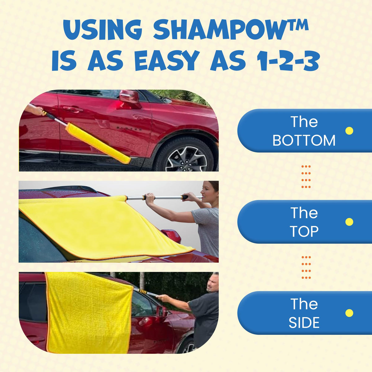 ShamPow 34"x34" Car Drying Towel with Pole, Streak Free, Lint Free, Reusable - Car Accessories, Bath Towels, Microfiber Cleaning Cloth for Car, Truck, SUV - One Pass is All You Need