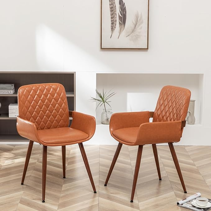 LUNLING Mid Century Modern Dining Room Chairs Set of 2 Accent Faux Leather Kitchen Chair Bentwood Frame with Armrest,Upholstered Seat,Metal Legs Chairs,Adjustable Foot for Kitchen Dining Desk(Orange)