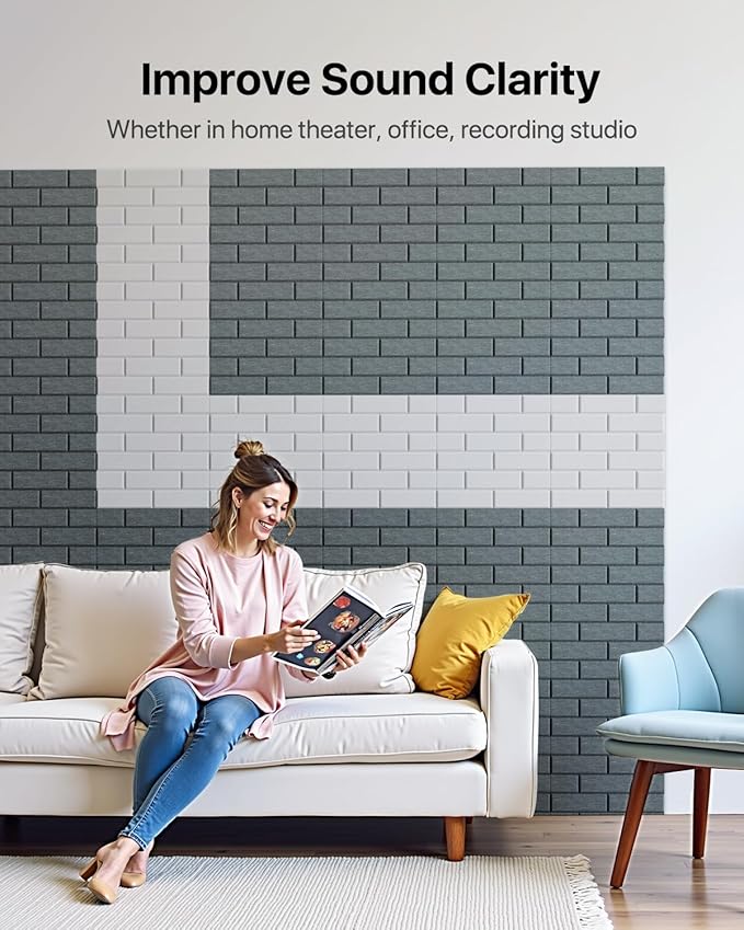 Acoustic Wall Panels Self-Adhesive, 12 Pack Sound Absorbing Panels Brick, High Density Sound Proof Foam Panels for Walls, Office,Reccording Studio, Ceiling 12" X 12" X 0.4" Dark Gray