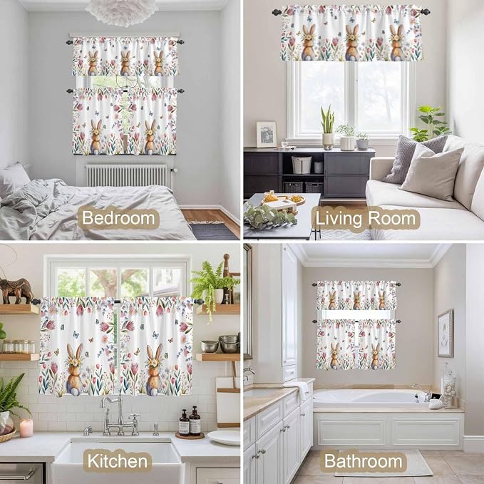 Kitchen Curtains Tiers and Valance Set of 3, Easter Light Filtering Window