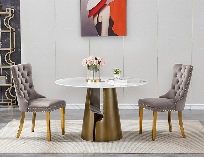 3-Piece Faux Marble Round Dining Table Set for 2, Modern Luxury Kitchen Table Set for 2 with Grey Tufted Chairs,Circle Dining Tables with White Marble Grain Top and Bronze Pedestal Base