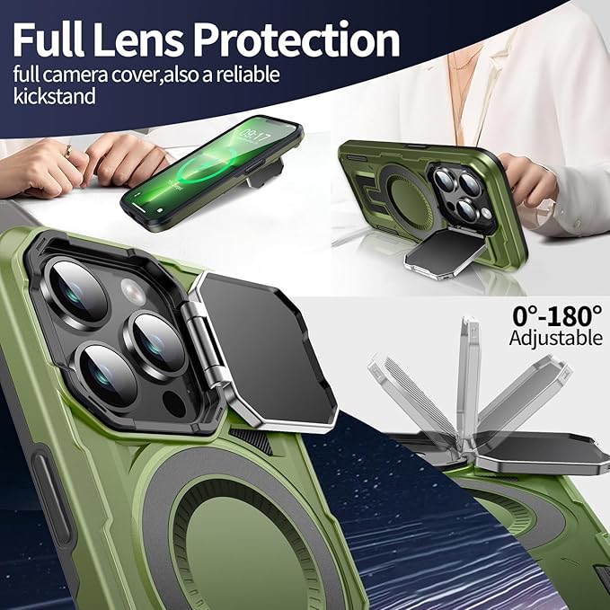 Camera Stand Case for iPhone 13 Pro Max, [Compatible with Mag Safe] [Lens Cover] 2024 Version Military Grade Protective Soft Case for iPhone 13 Pro Max 6.7 inch Men Women, Green