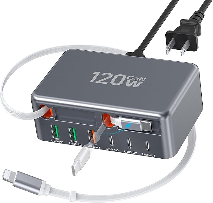 2026 Updated USB-C Fast Charging Station, 120W GaN 8-Port Retractable Charger Adapter, Includes 2.3ft Lightning+Type-C Dual Cable, Wall Charger Block Plug Cube for iPhone 17/16/15,iPad,Pixel, Galaxy