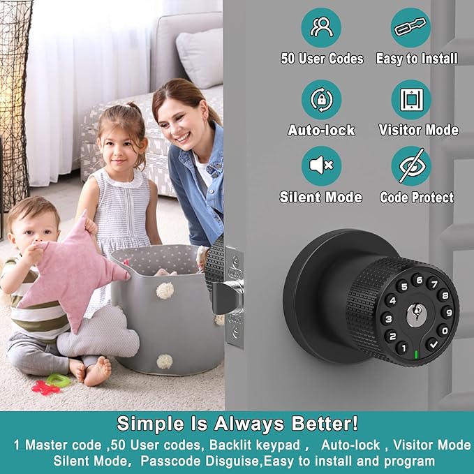 BOTHSTAR Keypad Door Knob with Key,Keyless Entry Door Lock, Code Locks Door Knob, Auto Lock,50 User Code,Easy to Install,for Home,Office,Bedroom,Garage,No Deadbolt