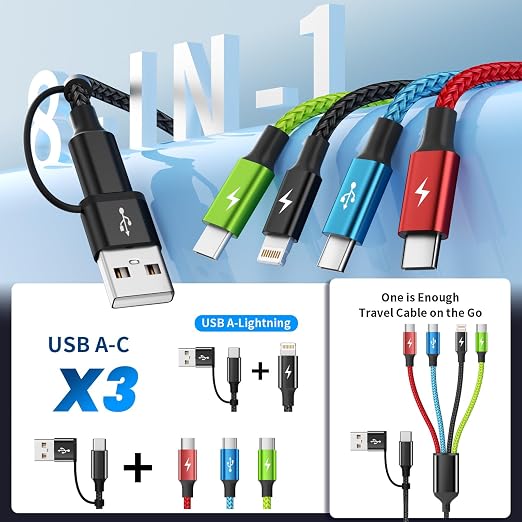 4 in 1 Multi Charging Cable 2 Pack 6FT Charging Cords for Devices | Nylon Braided USB C Car Charger Cable with Dual USB-C IP &amp Micro Ports Long Travel Charging Cord for Cars