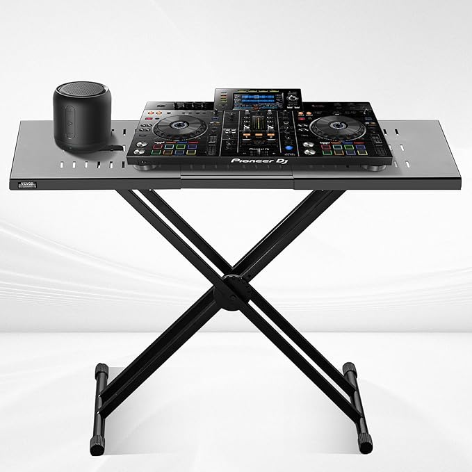 VEVOR DJ Table Stand, (32"-43") x 18" Portable DJ Laptop and Controller Stand, Lightweight DJ Desk DJ Booth Adjustable Height DJ Stand, Foldable Double-X Keyboard Stand & Tabletop, Audio Mixer Stand