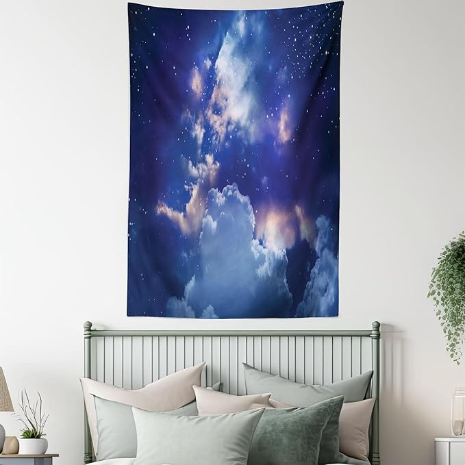 Ambesonne Space Tapestry Queen Size, Magic Sky View with Star and Clouds Celestial Colorful World Cosmic Expanse Theme, Wall Hanging Bedspread Bed Cover Wall Decor, 88" X 88", White and Blue