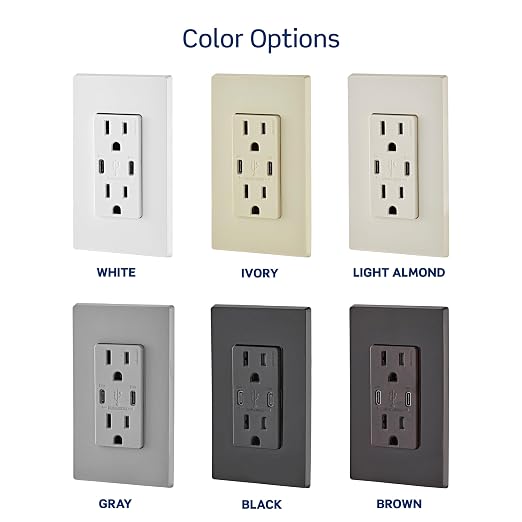 Leviton 30W (6A) USB Dual Type-C/C Power Delivery In-Wall Charger with 15A Tamper-Resistant Outlet USB Charger for Smartphones Tablets Laptops T5635-E Black