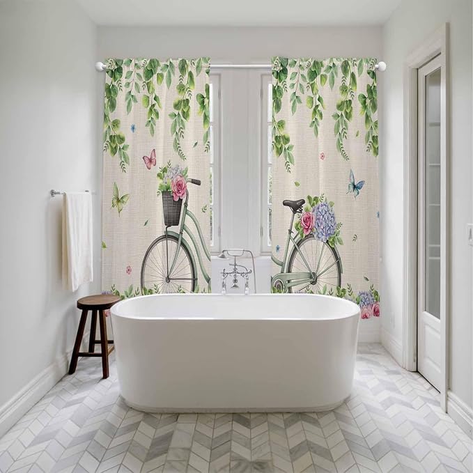 Farmhouse Spring Kitchen Curtains, Retro Bicycles Flowers Vines Butterfly Light