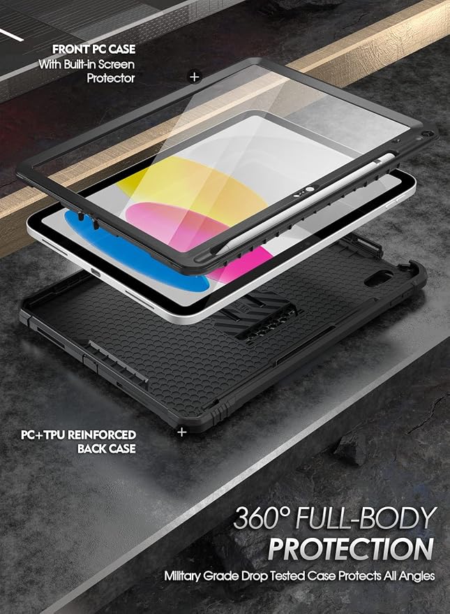 Poetic Revolution Case for iPad (A16) 11th / 10th Generation (2025/2022) Full-Body Rugged Shockproof Cover with Kickstand and Built-in-Screen Protector Only Applicable to iPad 11/10.9 Inch Black