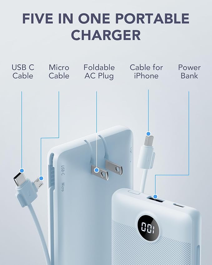 VRURC Portable Charger Power Bank Built-in Cables and AC Wall Plug | USB C Portable Bank 10000mAhTravel Essentials Phone Charger Compact External Battery Pack for Smart PhonesTablets-Black