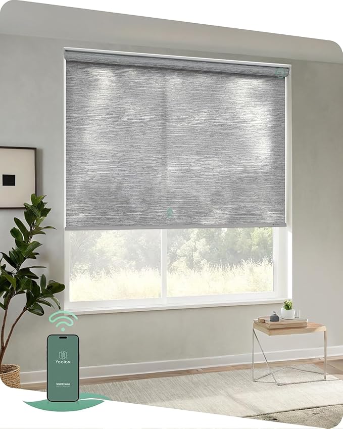 Yoolax Motorized Blinds App Control, Light Filtering Motorized Shades for Windows, Cordless Automatic Roller Shades for Bedroom Living Room Office(Light Filtering Jacquard Gray, 55" W x 72" H)