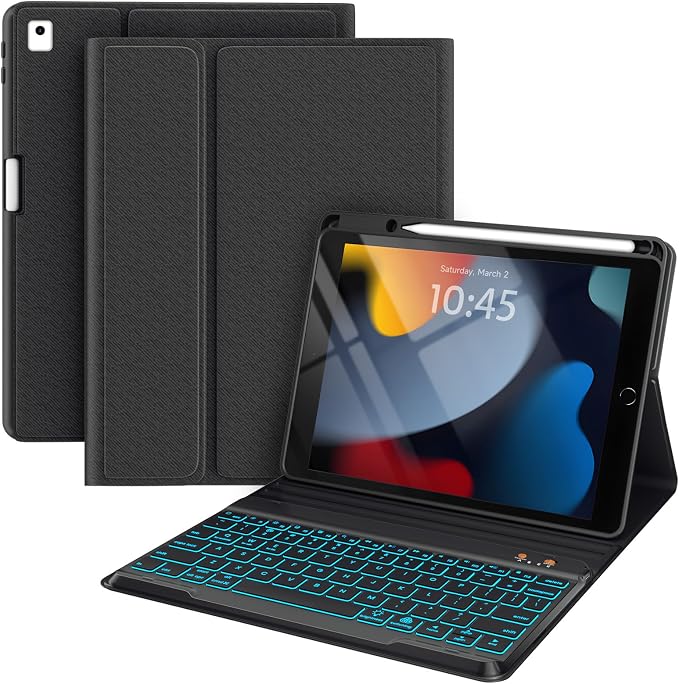 BLUTLOTUS Keyboard case for iPad 9th/8th/7th Generation 10.2 Inch - Backlit Wireless Detachable Folio Keyboard Cover with Pencil Holder for iPad 9th/8th/7th Gen Air 3rd Generation 10.5 Inch