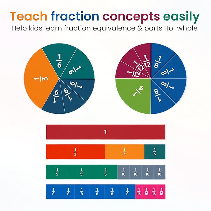 Oyster&Pop 180pcs Award-Winning Fraction Manipulatives for Kids - Large Magnetic Fraction Tiles & Circles for Teaching Fractions - Hands-On Math Learning Games - Includes E-Book Guide